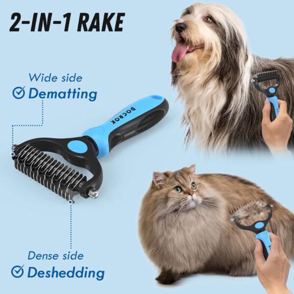 Pet Grooming Brush and Metal Comb Combo, Cat Brush Dog Brush for Shedding, Undercoat Rake for Dogs Grooming Supplies, Dematting Deshedding Brush Dogs Shedding Tool for Long matted Haired Pets, Blue - Image 2