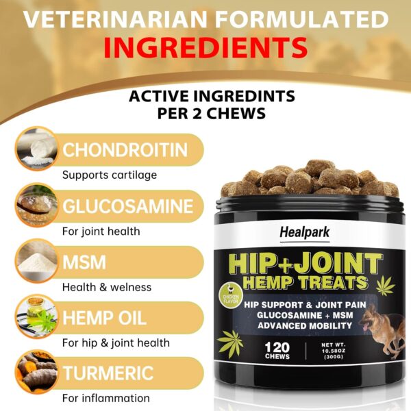 Hemp Hip and Joint Supplement for Dogs - Glucosamine for Dogs - Chondroitin, Hemp Oil, MSM & Turmeric - Support Joint Mobility, Joint Pain Relief, Hip Dysplasia, Arthritis Health Care - 120 Chews - Image 3