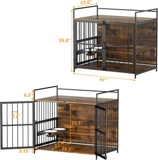 ROOMTEC Furniture Style Large Dog Crate with 360° & Adjustable Raised Feeder for Dogs 2 Stainless Steel Bowls -End Table House Pad, Indoor Use,41" L X 24" W 36" H, Classic Brown - Image 2