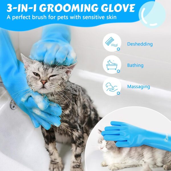 Pecute Pet Grooming Gloves, Heat Resistant Cat Bathing Gloves with High-Density Teeth, Silicone Dog Bathing Gloves with Enhanced Five Finger Design, Bathing and Massaging for Dogs and Cats Blue - Image 2