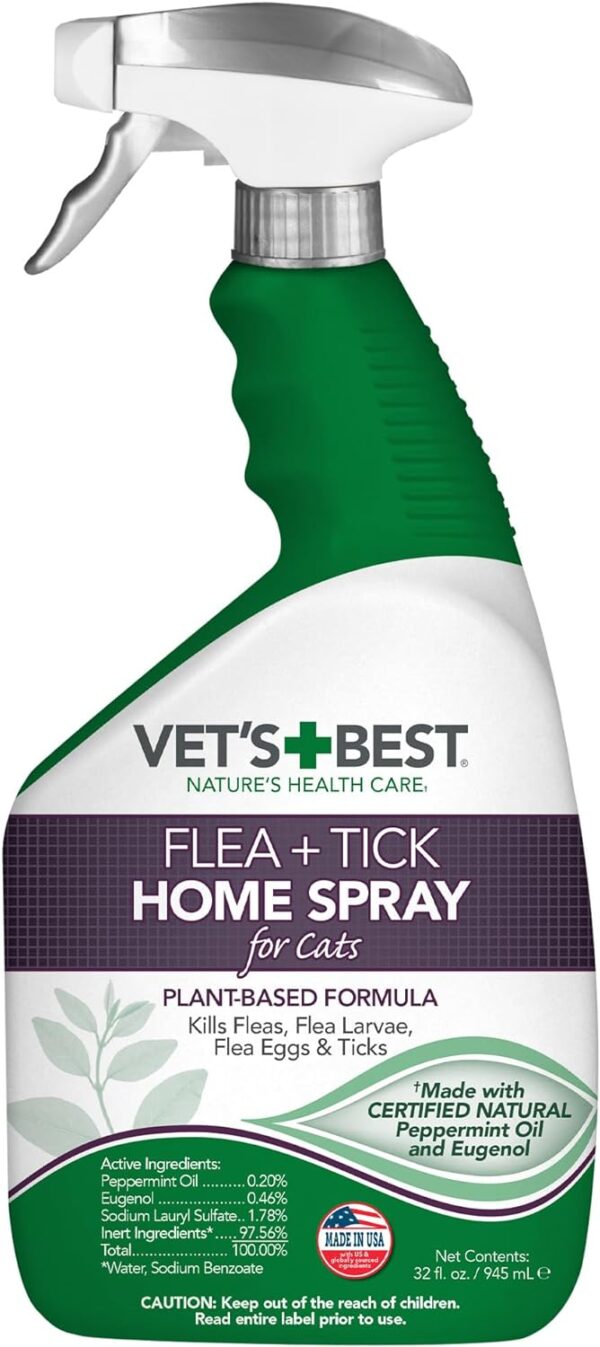 Vet's Best Flea and Tick Home Spray for Cats - Flea Treatment for Cats and Home - Plant-Based Formula - Certified Natural Oils - 32 oz