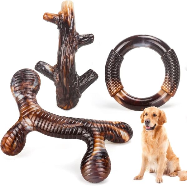 Dog Toys, 3 Pack Indestructible Dog Chew Toys for Aggressive Chewers, Tough Nylon Real Bacon Flavor Teething Chew Toys for Large Medium Small Dog Breeds (Brown1)