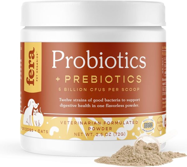 Fera Pets Organic Probiotics for Dogs & Cats - Cat & Dog Probiotic Supplement with 12 Strains & Prebiotics for Your Pet’s Digestion - 60 Scoops​