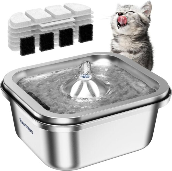 Cat Water Fountain Stainless Steel, 3.5L/118oz Cat Fountain, Automatic Dog Drinking Dispenser with 6 Filters, Metal Pet Water Bowl Indoor, Quiet Pump, Easy Cleaning, Silver