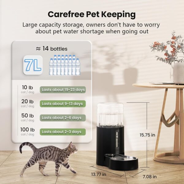 CZPET Automatic 7L Dog and Cat Water Dispenser with Stainless Steel Bowl Gravity Waterer,100% BPA-Free,Large Capacity and Drinking Area Noise-Free for Pets(7L Water Dispenser, Black) - Image 3