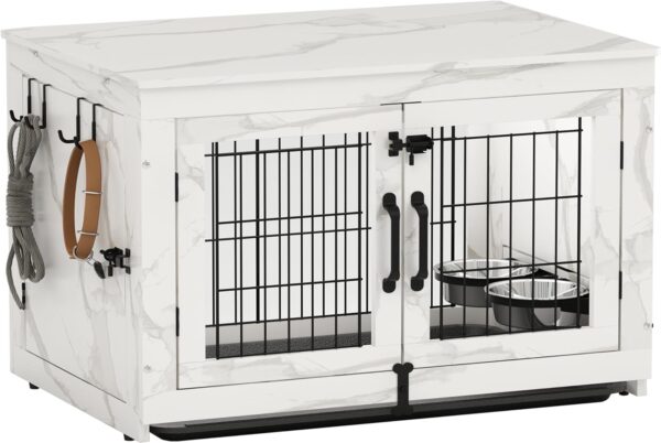 Piskyet Wooden Dog Crate Furniture with 360°Rotatable Removable Dog Bowls, Dog Crate End Table with Tray, Double Doors Dog Kennels for Dogs(M:31.8" L*22.1" W*24.1" H,Marble White)