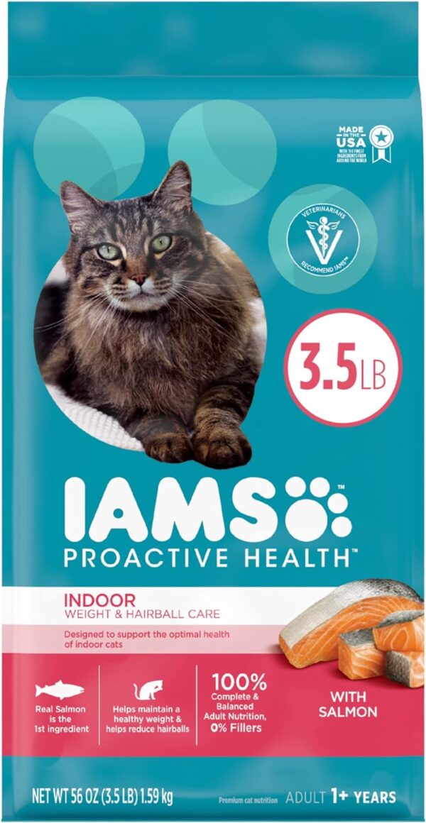 IAMS Proactive Health Indoor Weight & Hairball Care Adult Dry Cat Food with Salmon, 3.5 lb. Bag