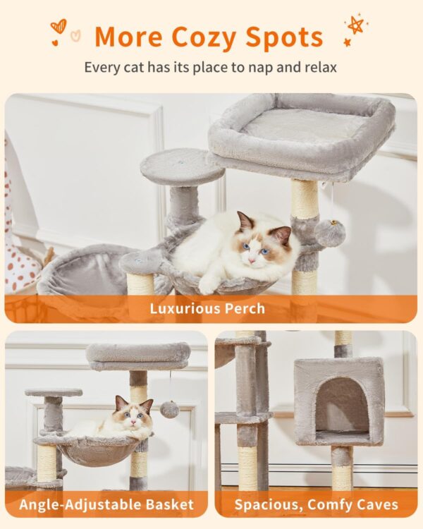 Cat Tree, 39.4-Inch Cat Tower for Indoor Cats,Suitable for Kittens,Plush Cat Condo with 5 Scratching Posts, Plush Perch,2 Hammock,Pompoms, MS019W Light Gray - Image 5