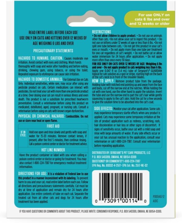 Sergeant's Guardian Flea & Tick Squeeze On Topical Cats 6lbs and Over., 3 Count - Image 3