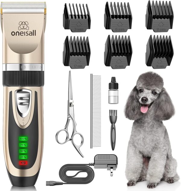 oneisall Dog Clippers Low Noise, 2-Speed Quiet Dog Grooming Kit Rechargeable Cordless Pet Hair Clipper Trimmer Shaver for Small and Large Dogs Cats Animals (Gold)