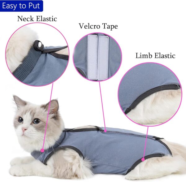 Cat Surgery Recovery Suit Cat Onesie for Cats After Surgery Spay Surgical Abdominal Wound Skin Diseases E-Collar Alternative Wear (Grey-Blue-M) - Image 3