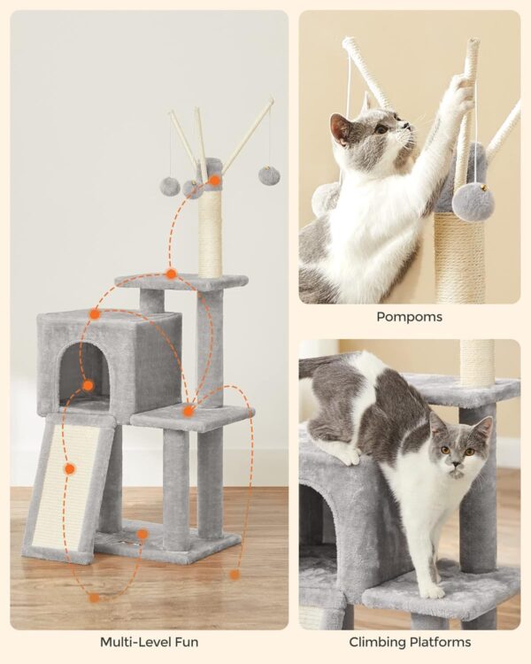 Feandrea Cat Tree, 46.5-Inch Cat Tower for Indoor Cats, Multi-Level Plush Cat Condo, Scratching Post, Ramp, 3 Removable Pompom Sticks, Cat Cave, Light Gray UPCT143W01 - Image 7