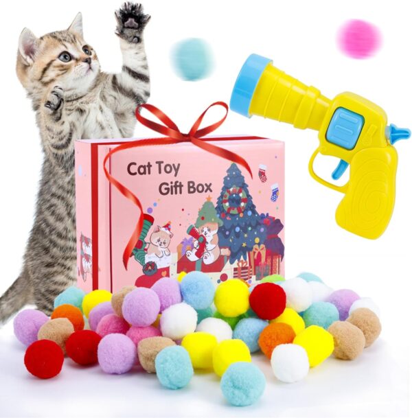 81Pcs Cat Ball Launcher Gun,Funny Interactive Cat Toys for Bored Indoor Adult Cats, 80Pcs Plush Cat Toy Balls with 1 Launcher, Cat Fetch Toys, Cute Kitten Kitty Toys for Training,Playing