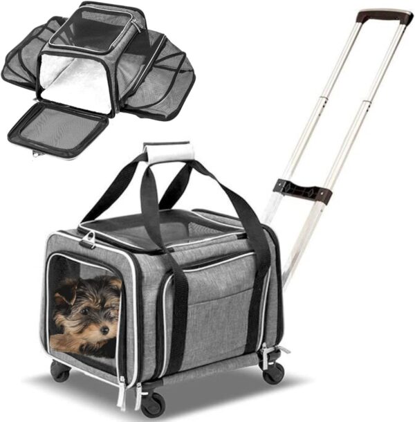 Airline Approved Expandable Premium Pet Carrier on Wheels- Two Sided Expandable Rolling Carrier- Designed for Dogs & Cats- Extra Spacious Soft Lined Carrier! (Grey)