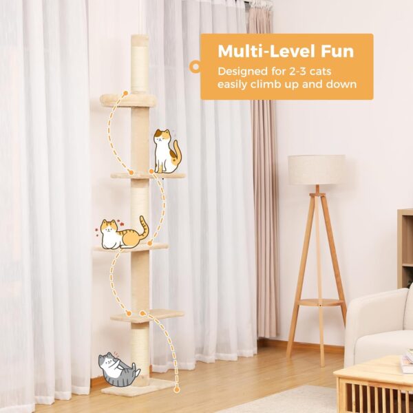 PETEPELA Cat Tower 5-Tier Floor to Ceiling Cat Tree Height(95-107 Inches) Adjustable, Tall, Climbing Tree Featuring with Scratching Post, Cozy Bed,Interactive Ball Toy for Indoor Cats/Kitten Beige - Image 2