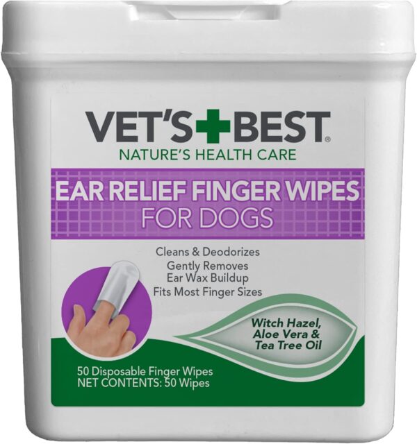 Vet's Best Ear Relief Finger Wipes | Ear Cleansing Finger Wipes for Dogs | Sooths & Deodorizes | 50 Disposable Wipes