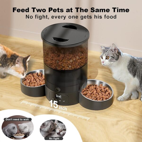 Automatic Cat Feeder for 2 Cats, 3L Cat Food Dispenser SURDY Auto Cat Feeder with 2 Stainless Bowls, 10s Meal Call Dual Power Supply and Timer Setting 12 Portions 6 Meals Per Day for Cat and Dog - Image 4