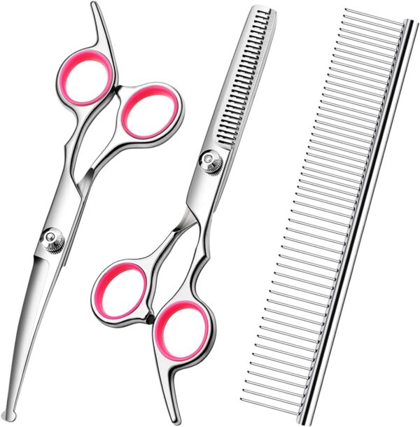 Dog Grooming Scissors with Safety Round Tips Stainless Steel Professional Dog Grooming Kit - Thinning, Curved Scissors and Comb for Dog Cat Pet