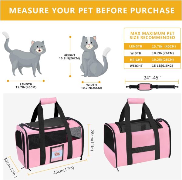 Cat Carrier, Dog Carrier, Pet Carrier Airline Approved for Cat, Small Dogs, Kitten, Cat Carriers for Small Medium Cats Under 15lb, Collapsible Soft Sided TSA Approved Cat Travel Carrier, Pink - Image 2