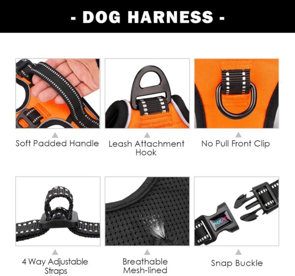 PHOEPET No Pull Dog Harness Medium Reflective Front Clip Vest with Handle,Adjustable 2 Metal Rings 3 Buckles,[Easy to Put on & Take Off](M, Orange) - Image 4