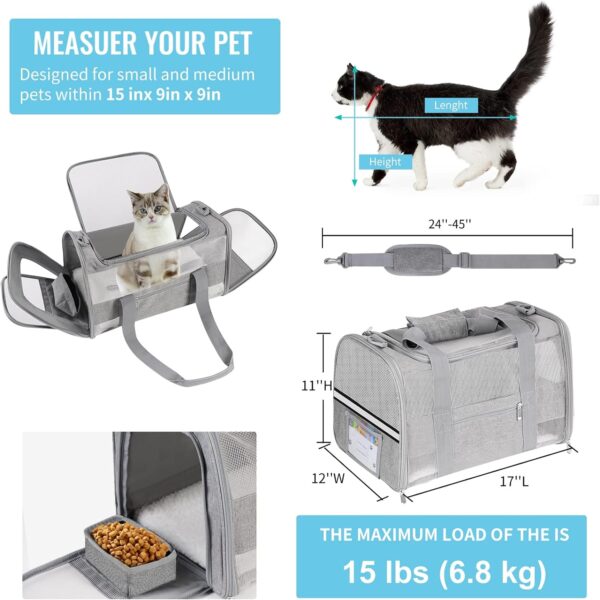 Pet Carrier Soft Sided Cat Carrier for Small Medium Cats Puppies up to 15 Lbs, TSA Airline Approved Carrier Collapsible Travel Puppy Carrier with Reflective Strip, Grey - Image 2