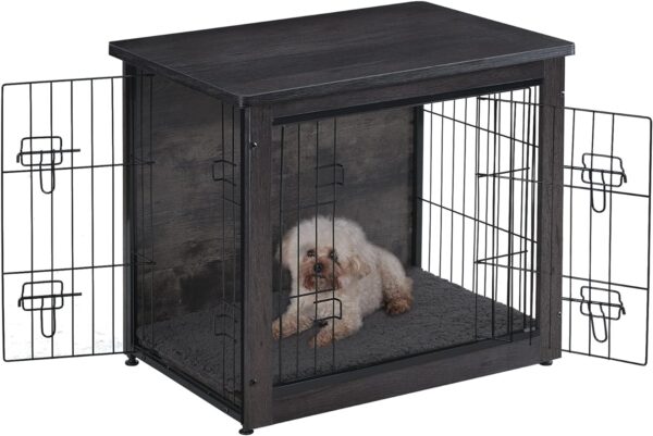 DWANTON Dog Crate Furniture with Cushion, Wooden Crate with Double Doors, Dog Kennel Indoor for Small/Medium/Large Dog, End Table, Small, 27.2" L, Dark Grey - Image 9