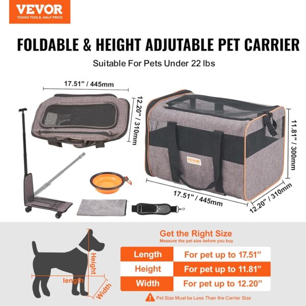 VEVOR Airline Approved Dog Carrier With Wheels for Under 22lbs, Rolling Pet Carrier Cat Carriers on Wheels, TSA Approved Foldable Pet Travel Carrier With Telescope Handle and Upgraded Wheels - Image 5