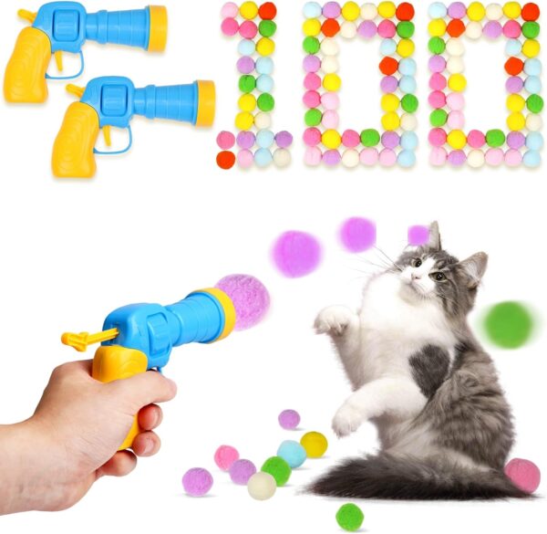 Cat Toy Balls with Launchers Set (2+100), 100 Cat Pom Pom Balls & 2 Cat Toy Ball Launchers (Durable Reinforced Edition), Cat Enrichment Toys, Interactive Cat Toy Balls, Soft & Safe Cat Toys