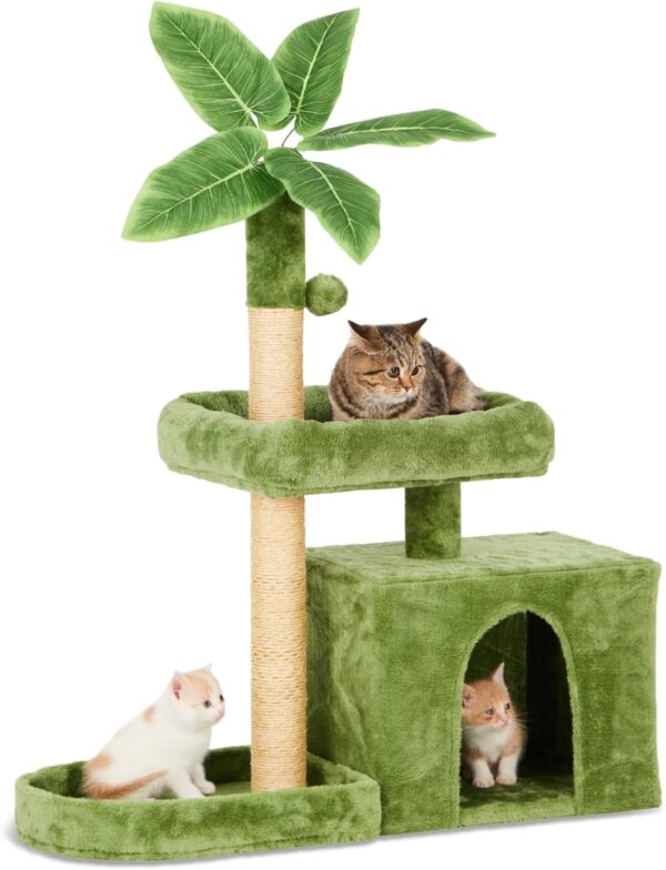 31.5" Cat Tree/Tower for Indoor Cats with Green Leaves, Cat Condo Cozy Plush Cat House with Hang Ball and Leaf Shape Design, Cat Furniture Pet House with Cat Scratching Posts, Green