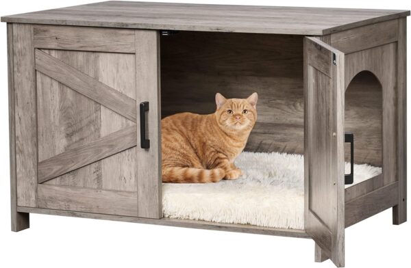 Cat Litter Box Enclosure,Litter Box Furniture Hidden with Barn Door,Wooden Cat Washroom Furniture,Cat House,Fit Most of Litter Box, Greige - Image 9