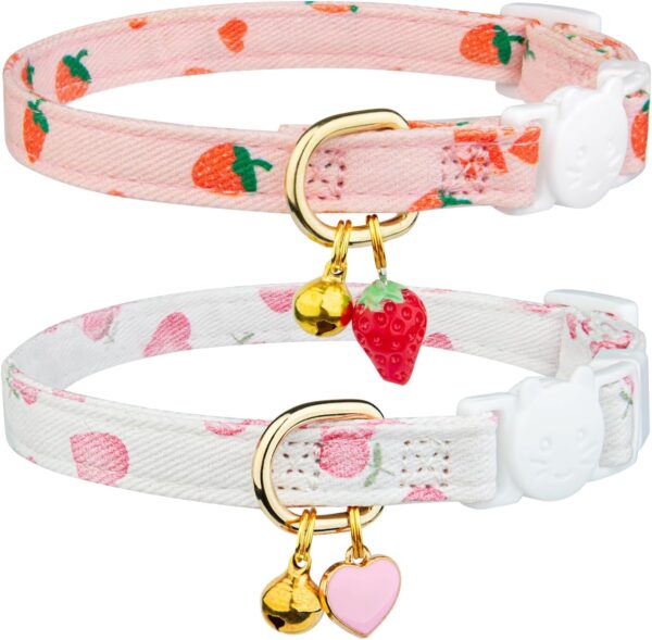 2 Pack Cotton Breakaway Cat Collar,Pink Strawberries and White Heart Shaped Pendant Kitten Collar Cute Cat Collar with Bell,Ideal for Girl Cats Boy Cats