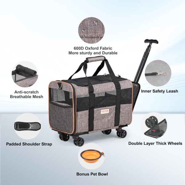 VEVOR Airline Approved Dog Carrier With Wheels for Under 22lbs, Rolling Pet Carrier Cat Carriers on Wheels, TSA Approved Foldable Pet Travel Carrier With Telescope Handle and Upgraded Wheels - Image 6