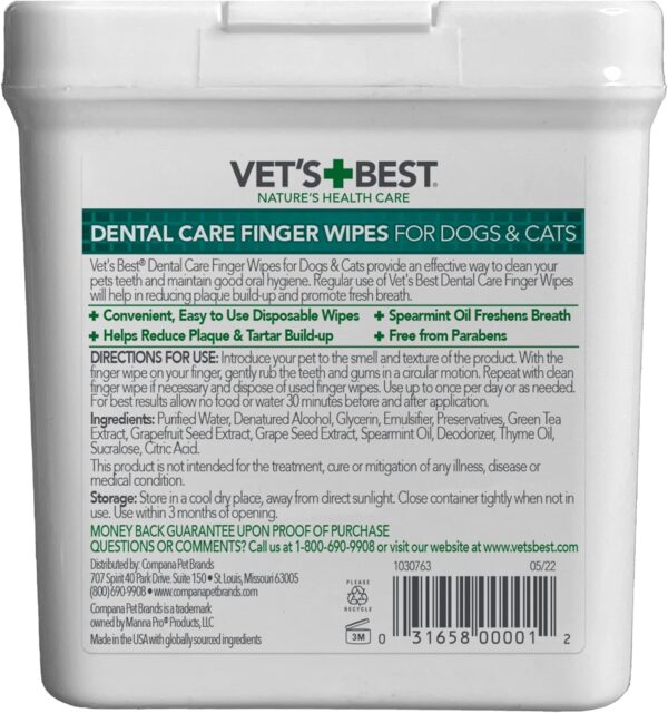 Vet's Best Dental Care Finger Wipes - Reduces Plaque & Freshens Breath - Teeth Cleaning Finger Wipes for Dogs & Cats - 50 Count - Image 8