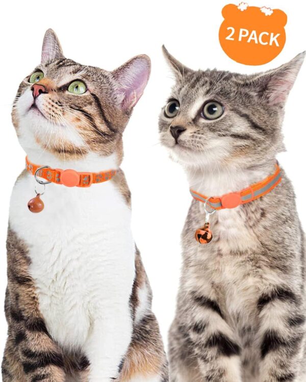 Taglory Reflective Cat Collar Breakaway with Bells, 2 Pack Girl Boy Pet Cat Collar Adjustable 7.5-12.5 Inch, Orange - Image 2