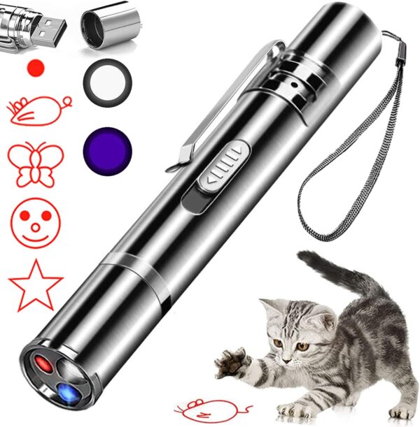 Cat Laser Toy, Red Dot LED Light Pointer Interactive Toys Indoor Cats DogsLaser, Long Range 5 Modes Laser Projection Playpen for Kitten Outdoor Pet Chaser Tease Stick Training Exercise,USB Recharge