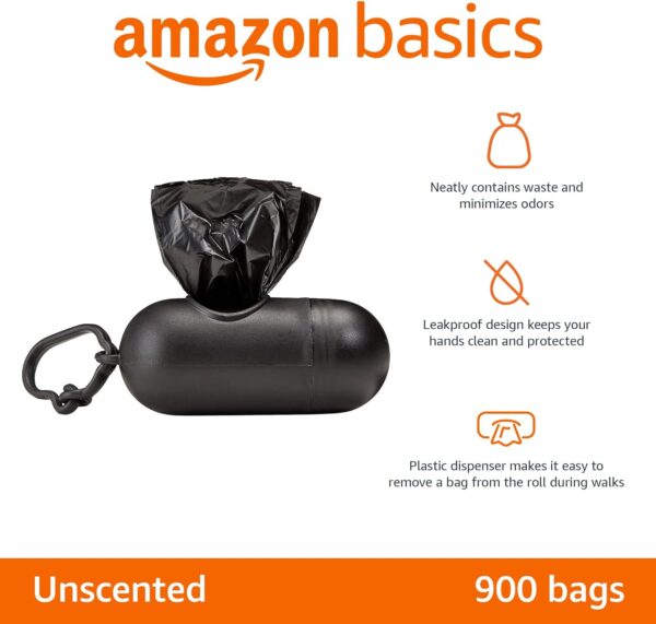 Amazon Basics Dog Poop Leak Proof Bags with Dispenser and Leash Clip, Unscented, 900 Count, 60 Pack of 15, Black, 13 Inch x 9 Inch - Image 2