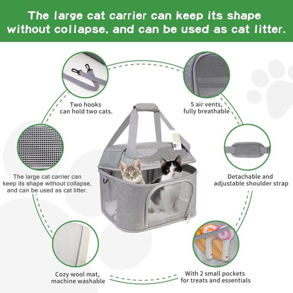 Large Cat Carrier for 2 Cats, Soft Side Pet Carrier for Cats Small Dog, Collapsible Travel Dog Carrier Bag, OEKO-TEX Certified TSA Airline Approved Cat Carrier Backpack for Cats 20 lbs (Gray) - Image 5