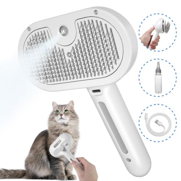 Cat Steam Brush for Shedding, Self Cleaning Cat Grooming Brush for Massage, Cat Brush with Steam for Removing Tangled and Loosse Hair, Steamy Cat Brush for Long and Short Hair Dogs and Cats (White)