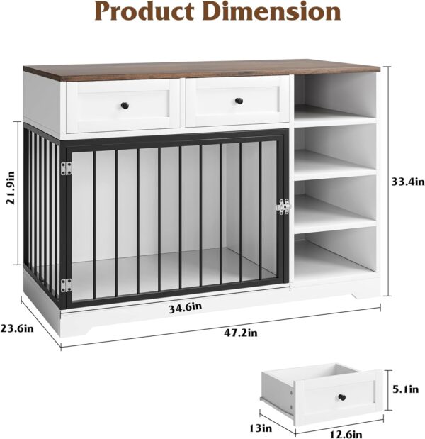 IDEALHOUSE Large Dog Crate Furniture, 47” Dog Crate with 2 Drawers and 4 Shelves, Heavy Duty Wooden Dog Crate, Decorative Dog Indoor Kennel Furniture Indoor with Storage, White - Image 2