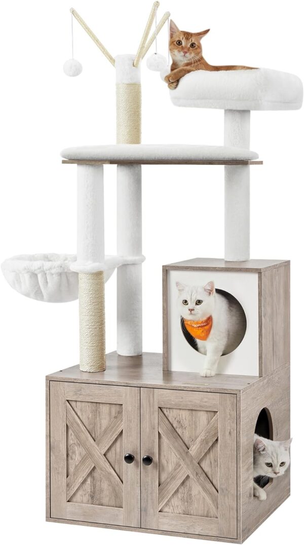 Feandrea Cat Tree with Litter Box Enclosure, 2-in-1 Modern Cat Tower, 54.3-Inch Cat Condo with Scratching Posts, Removable Pompom Sticks, Greige UPCT113G01