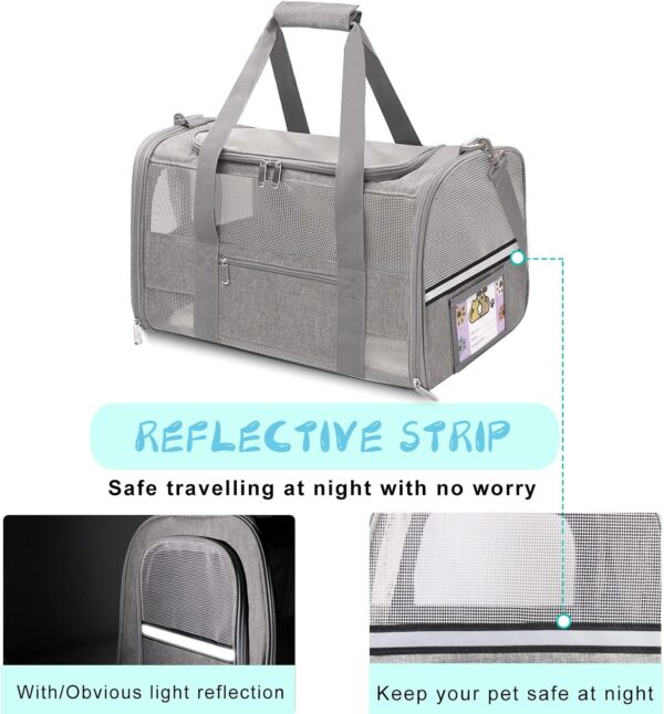 Pet Carrier Soft Sided Cat Carrier for Small Medium Cats Puppies up to 15 Lbs, TSA Airline Approved Carrier Collapsible Travel Puppy Carrier with Reflective Strip, Grey - Image 3