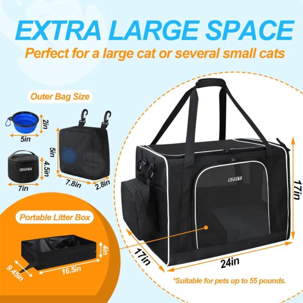 24"x17"x17" Pet Carrier for Large Cats or Medium Dogs - Car Travel Carrier with Litter Box, Bowl, and Locking Zipper - Image 2