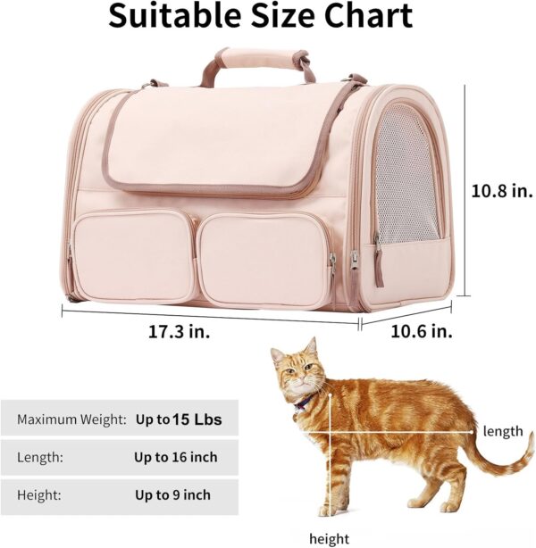 FUKUMARU Cat Carrier, 4 Mesh Windows Small Dog Carrier, 4 Storage Pockets Cat Travel Bag, Under 44 lb Airline Approved Pet Carrier, Rollable Cover for Nervous Cats, Pink - Image 5