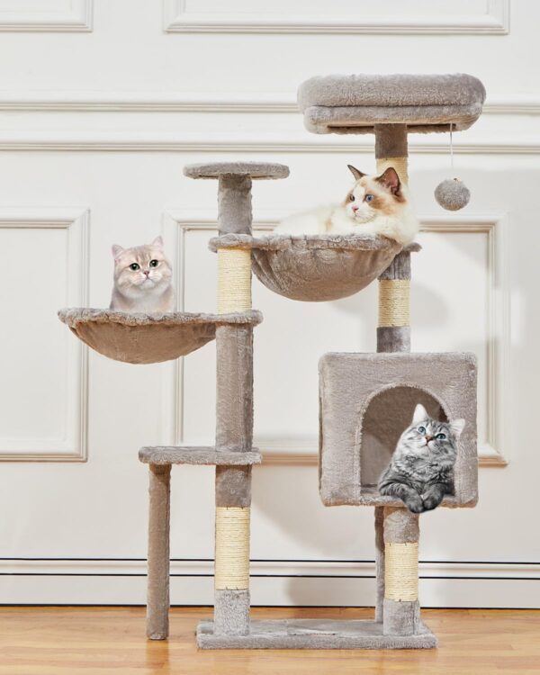 Cat Tree, 39.4-Inch Cat Tower for Indoor Cats,Suitable for Kittens,Plush Cat Condo with 5 Scratching Posts, Plush Perch,2 Hammock,Pompoms, MS019W Light Gray - Image 4