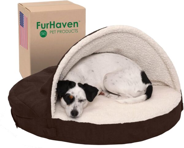 Furhaven 26" Round Orthopedic Dog Bed for Medium/Small Dogs w/ Removable Washable Cover, For Dogs Up to 30 lbs - Sherpa & Suede Snuggery - Espresso, 26-inch