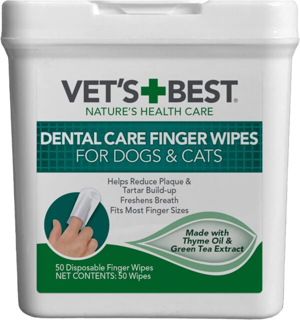 Vet's Best Dental Care Finger Wipes - Reduces Plaque & Freshens Breath - Teeth Cleaning Finger Wipes for Dogs & Cats - 50 Count