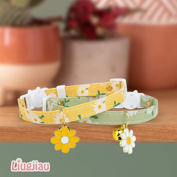 2 Pack Cotton Breakaway Cat Collar with Bell,Yellow&Green Flowers Pendant Cute Cat Collar Kitten Collar,Ideal for Girl Cats Boy Cats - Image 3