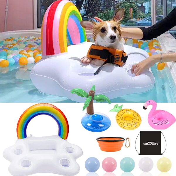 Dog Pool Floats Set, Dog Float Raft with Collapsible Dog Bowl, Non-Toxic Floating Dog Water Toys for Small Dog, Puppy and Doggies, Rainbow Cloud