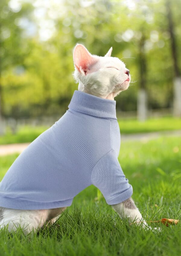 Idepet Sphynx Cat Shirt,Hairless Cats Cotton Clothes Turtleneck Sweater Breathable Pullover Kitten Apparel Adorable Vest Pajamas Jumpsuit for Cat and Small Dogs (Small, Blue) - Image 4