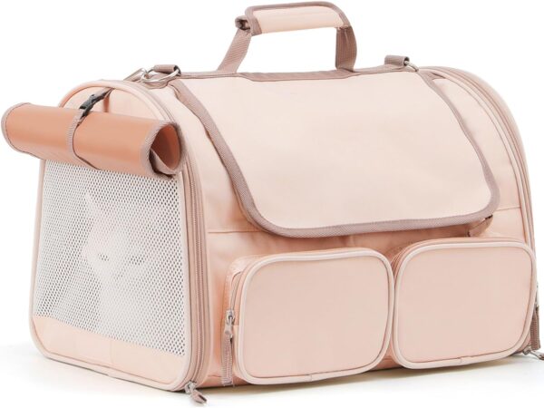 FUKUMARU Cat Carrier, 4 Mesh Windows Small Dog Carrier, 4 Storage Pockets Cat Travel Bag, Under 44 lb Airline Approved Pet Carrier, Rollable Cover for Nervous Cats, Pink